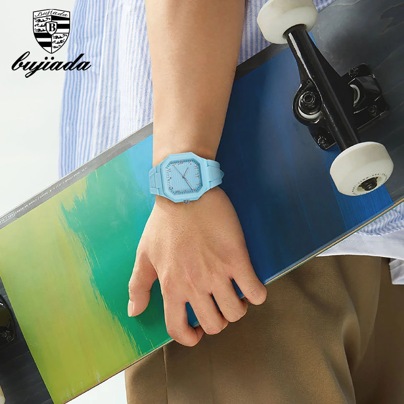 Women's Fashion Black Octagonal Case Watch with Silicone Strap