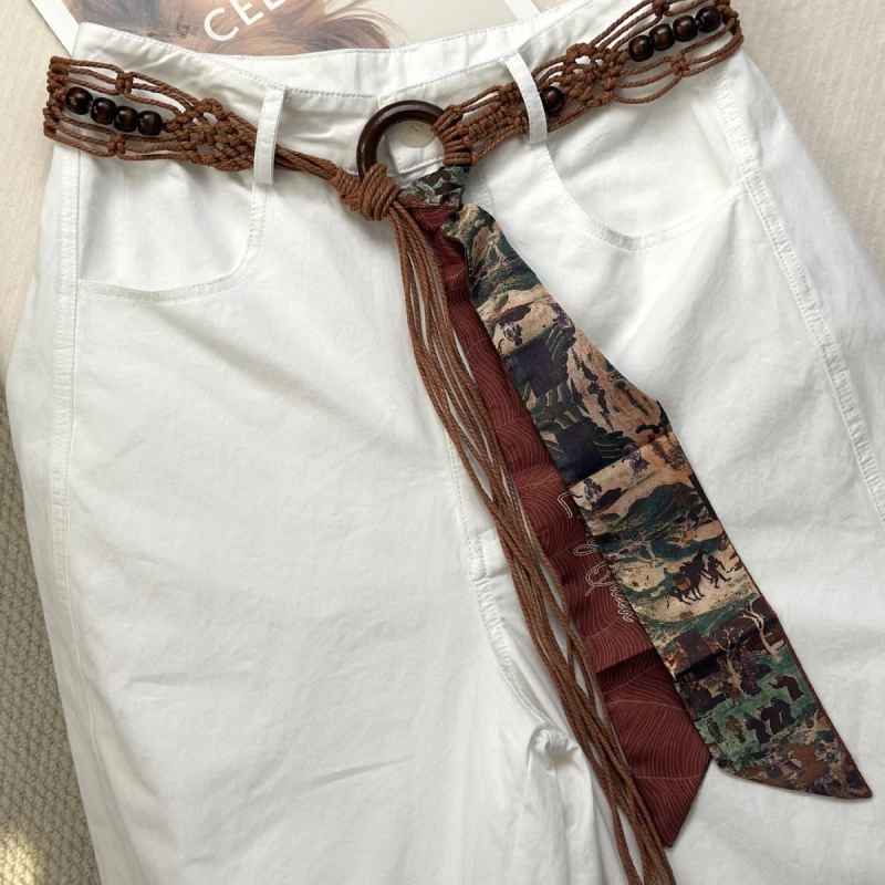 Macramé Braided Belt with Printed Scarf Pendant