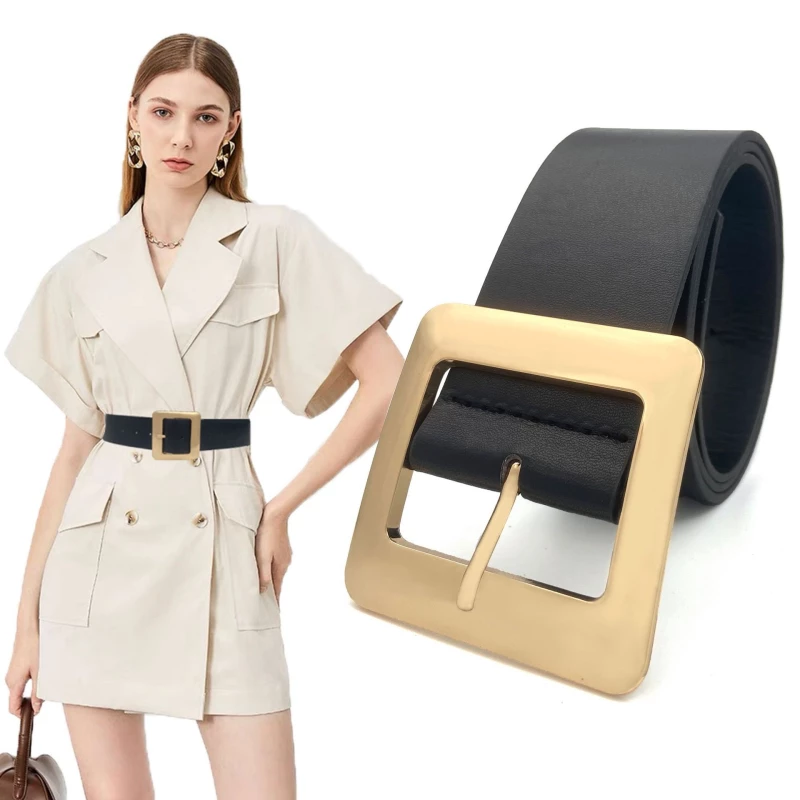 Wide Leatherette Fashion Waist Belt with Oversized Alloy Buckle