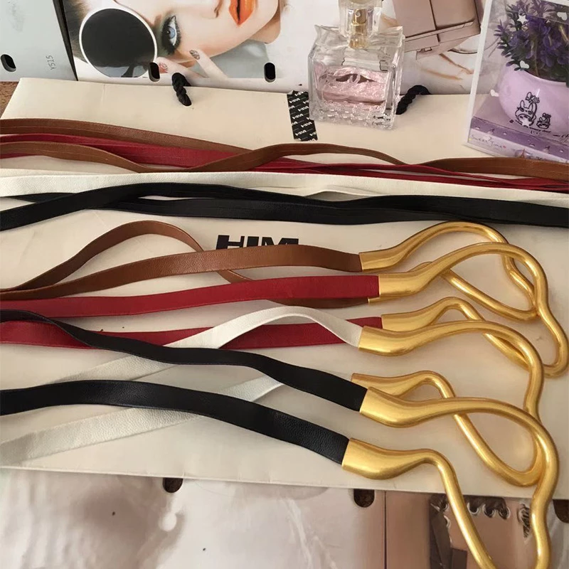 Metallic Wave-End Slim Leatherette Fashion Waist Belt