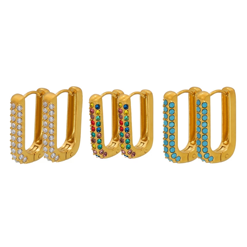 Chic Gold-Tone U-Shaped Hoop Earrings, Stainless Steel with Turquoise for Daily Wear