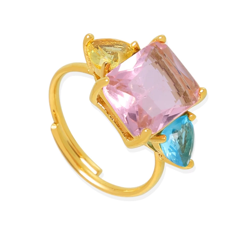 Gold-Tone Bi-Color Crystal Cocktail Ring, Pink & Blue Cubic Zirconia Statement Ring for Daily & Festival Wear