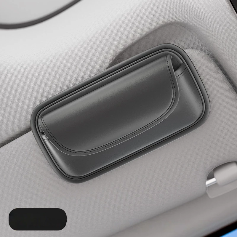 Obsidian Black Car Sun Visor Sunglasses Case - Leather-Textured Magnetic Eyeglass Holder with Secure Clip