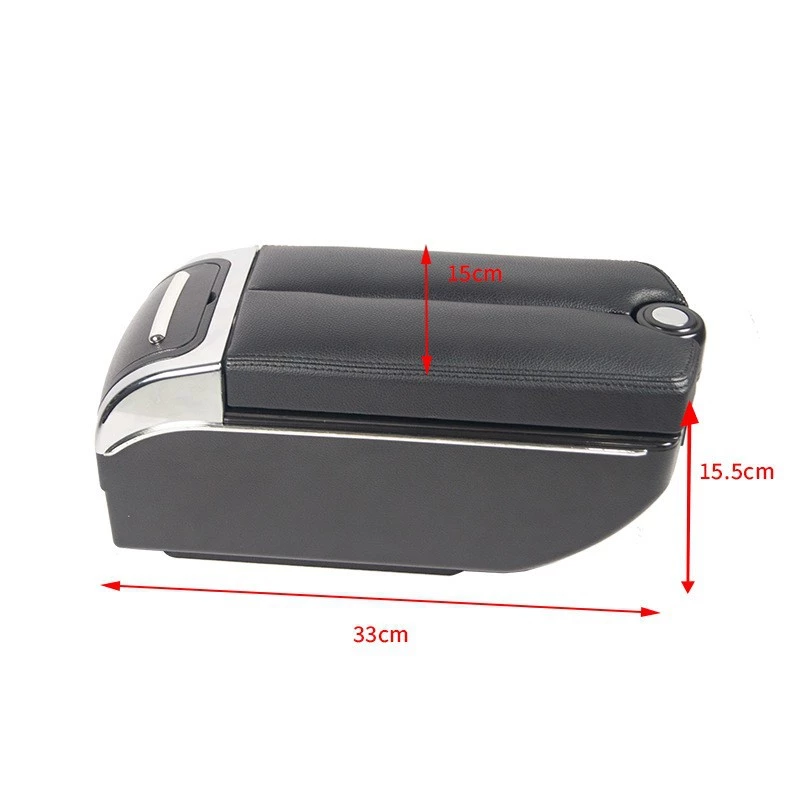 Universal Car Center Console Armrest - 33×15×15.5cm, Leather-Patterned Fabric with Chrome Accents